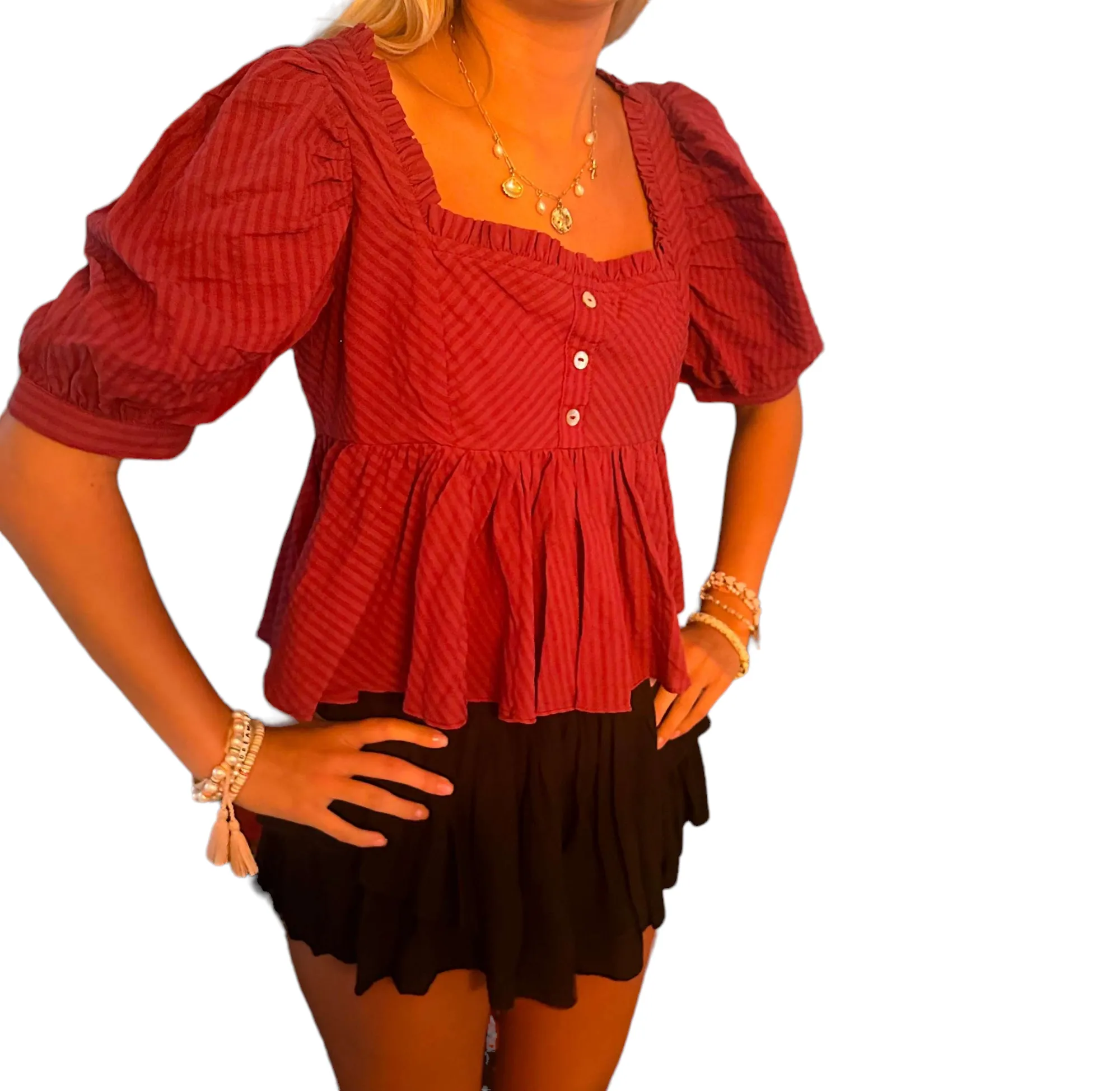 Maroon Ruffled Babydoll Top for Game Day Fun