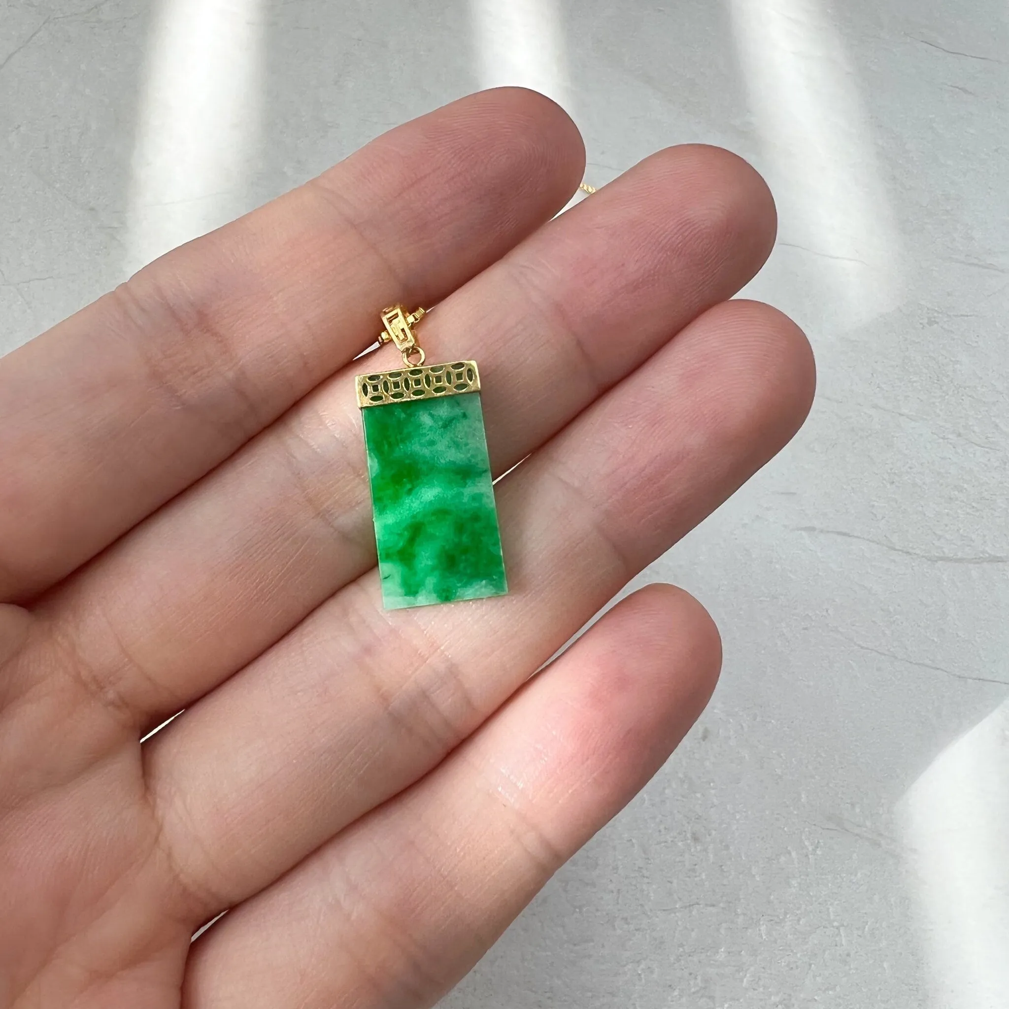 Minimalist Small Green Jade Column Pendant, Jadeite Jade Pendant with 18K Gold Bail, Small Dainty Pendant, FSX-0621-1646839089