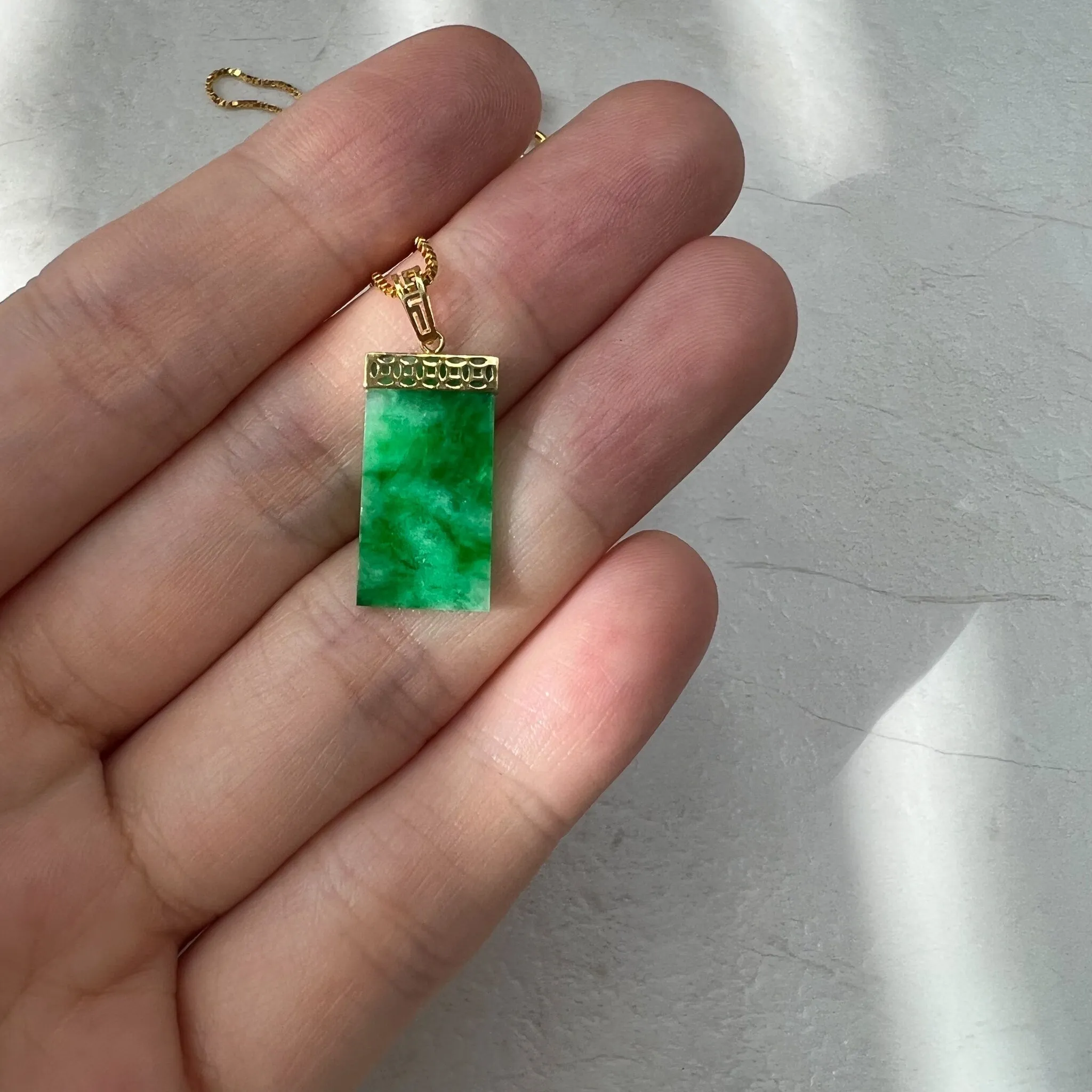 Minimalist Small Green Jade Column Pendant, Jadeite Jade Pendant with 18K Gold Bail, Small Dainty Pendant, FSX-0621-1646839089
