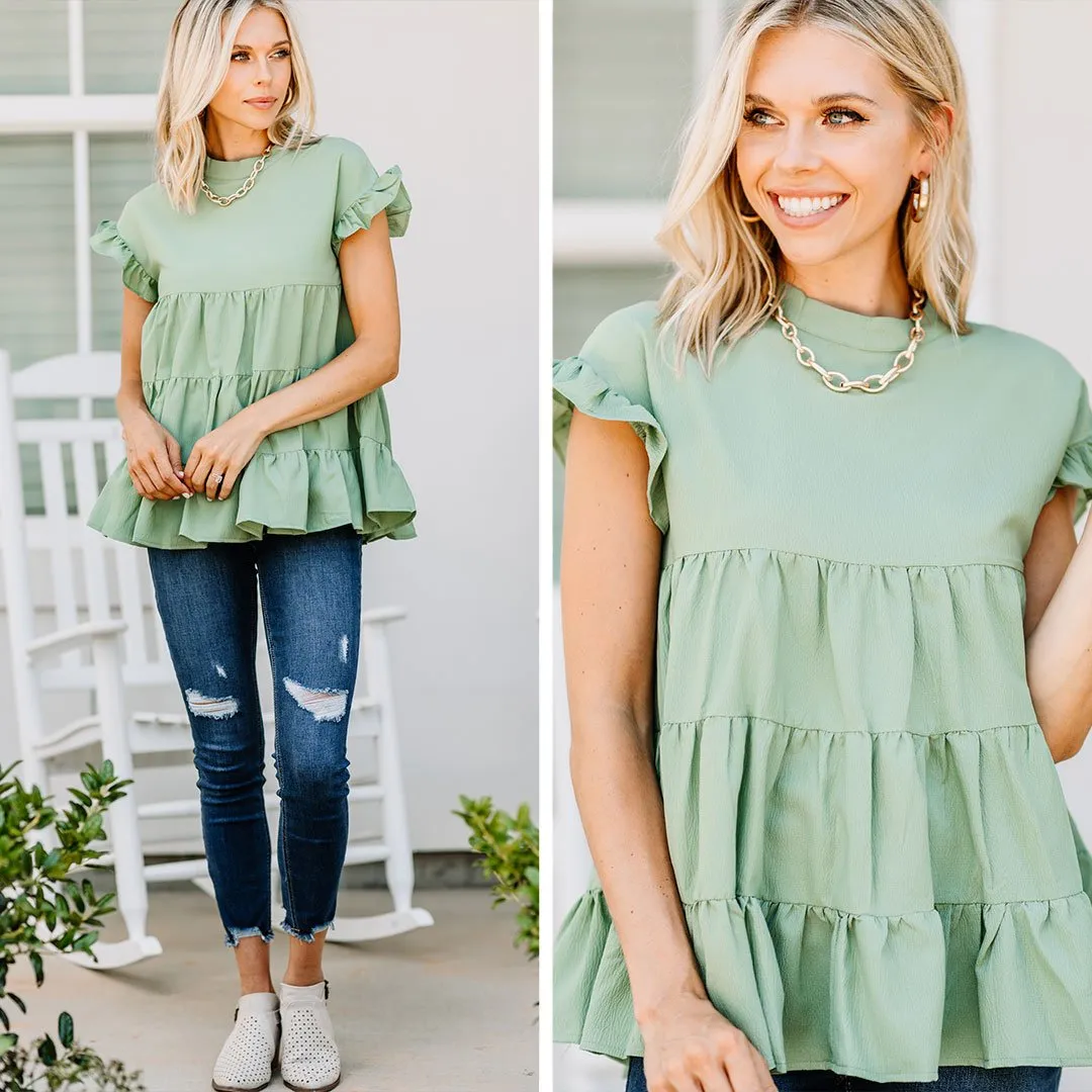 On The Scene Sage Green Tiered Top