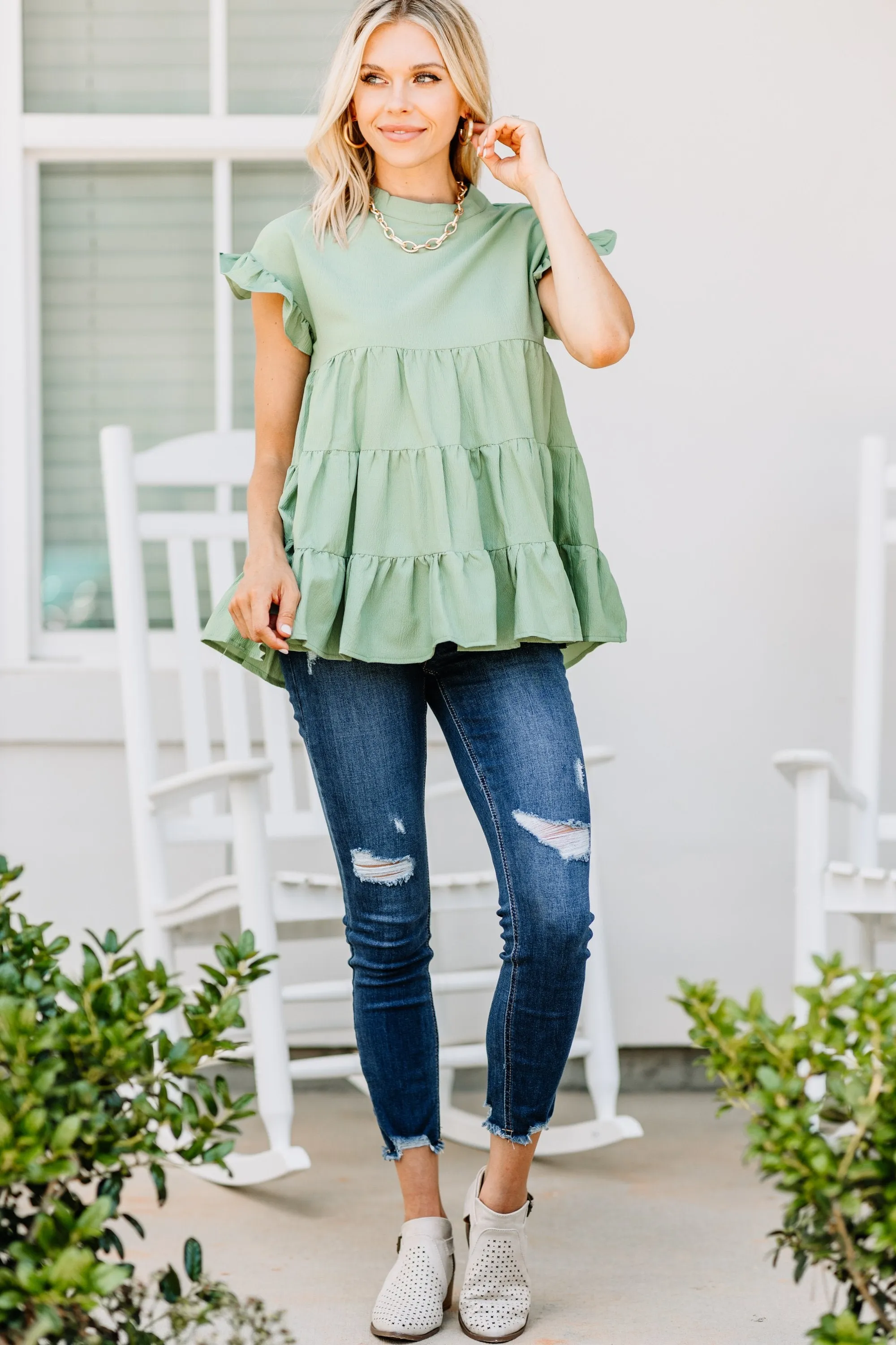 On The Scene Sage Green Tiered Top