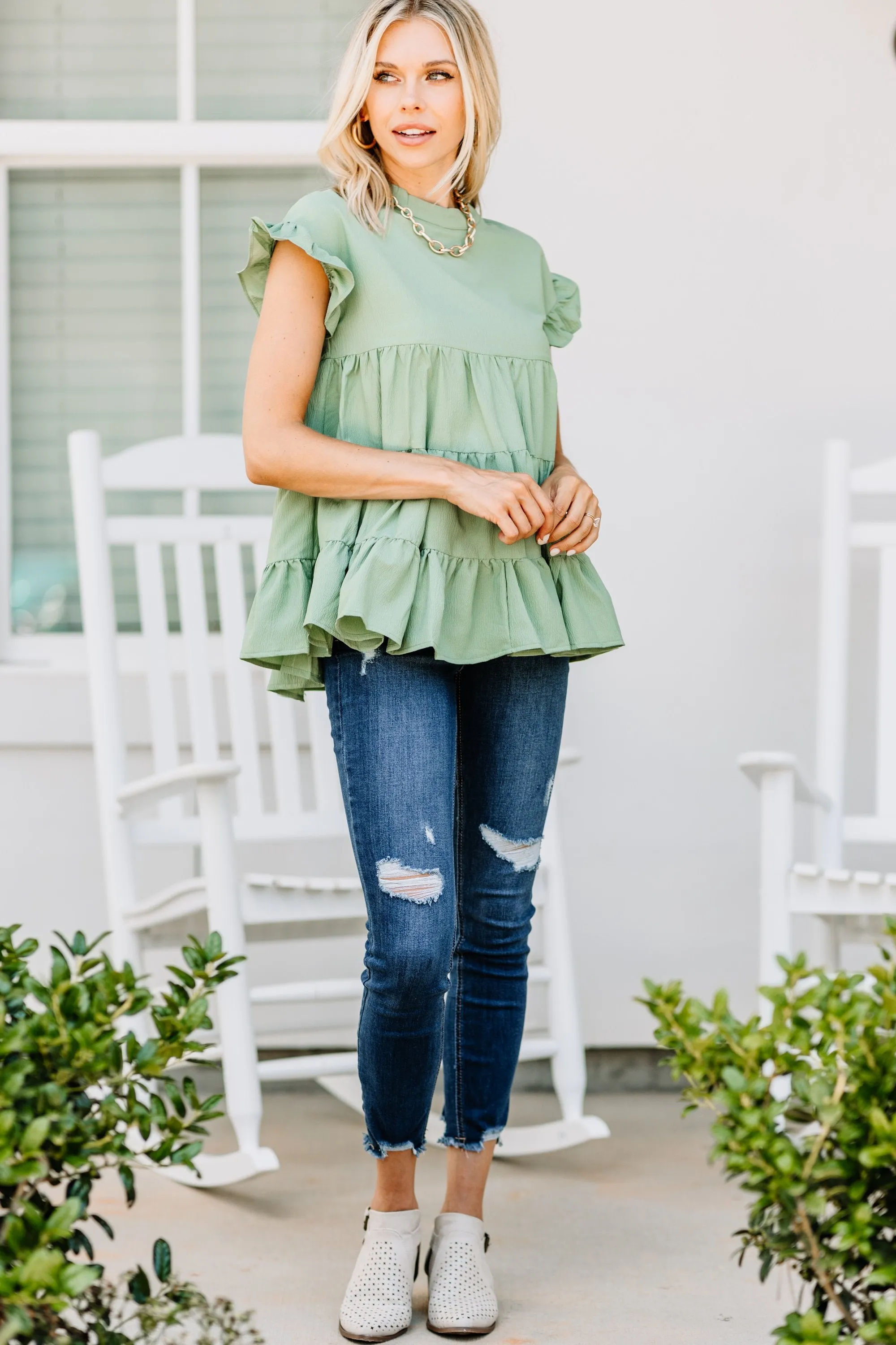On The Scene Sage Green Tiered Top
