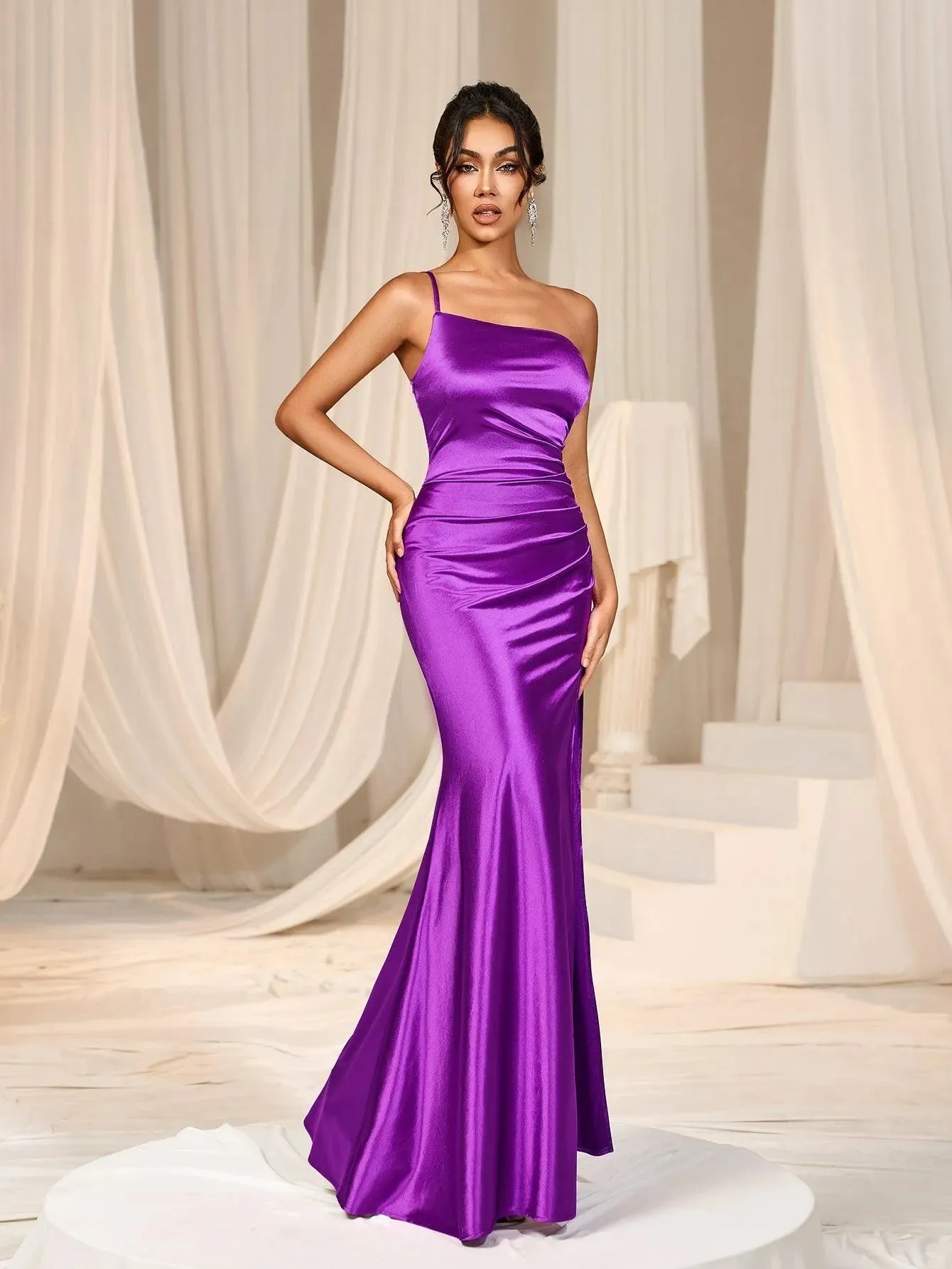 One Shoulder Split Thigh Satin Party Dresses