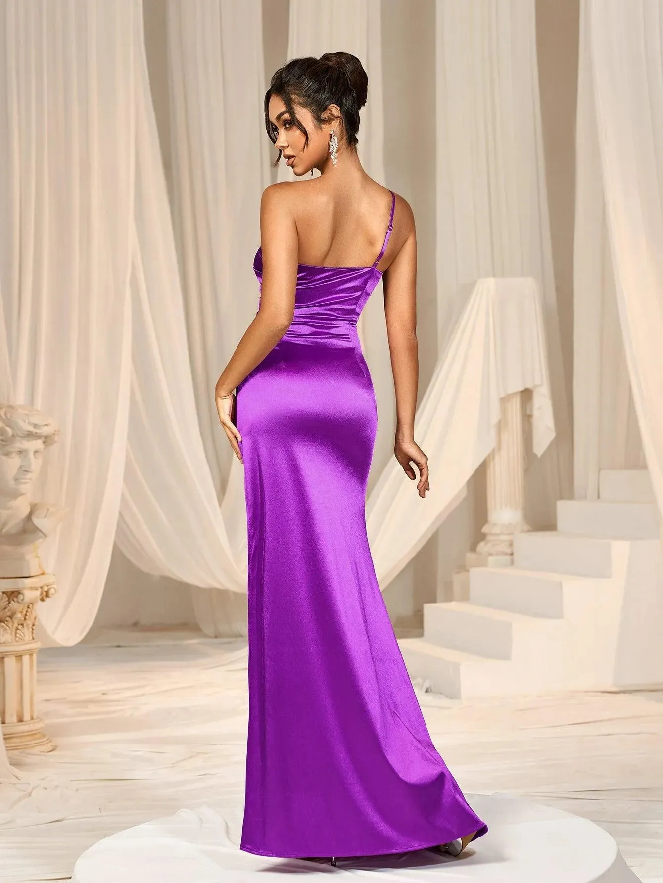 One Shoulder Split Thigh Satin Party Dresses