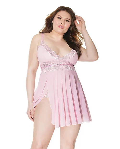 Plus Size Crystal Pink Babydoll With Lightly Padded Cups & Thong