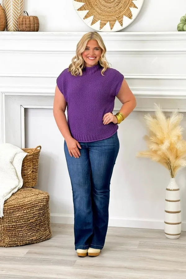 Purple Drop Shoulder Sleeveless Sweater Top