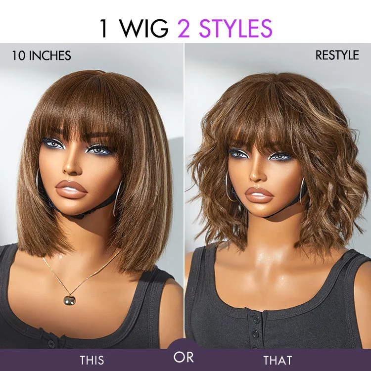 Put On and Go Reddish Purple / Ash Blonde Highlight / Brown Highlight / Natural Black Layered Cut Yaki Straight Minimalist Lace Bob Wig