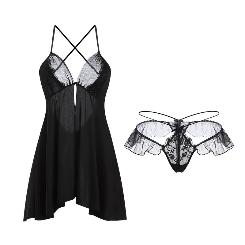 Satin & Lace Open Up Babydoll & Sexy Tanga Set Sexy Seductive Alluring Honeymoon Staycation Gift