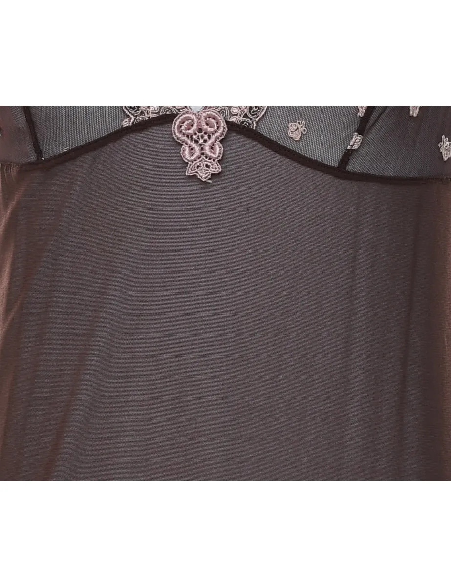 Sheer Brown Lace Trim Babydoll - M