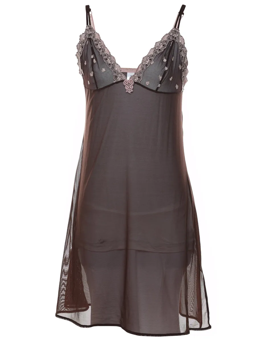 Sheer Brown Lace Trim Babydoll - M