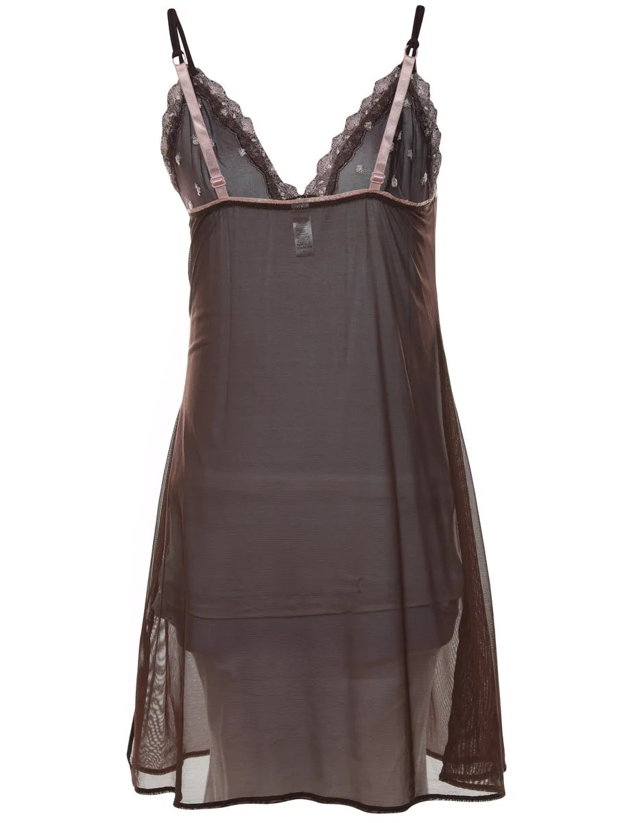Sheer Brown Lace Trim Babydoll - M