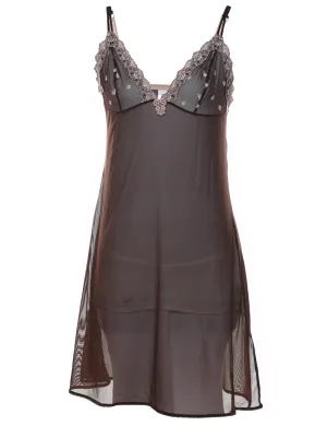 Sheer Brown Lace Trim Babydoll - M