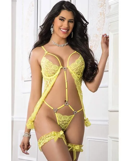 Sheer Lace Open Babydoll Teddy & Lace Leg Garters Illumination Neon O-s