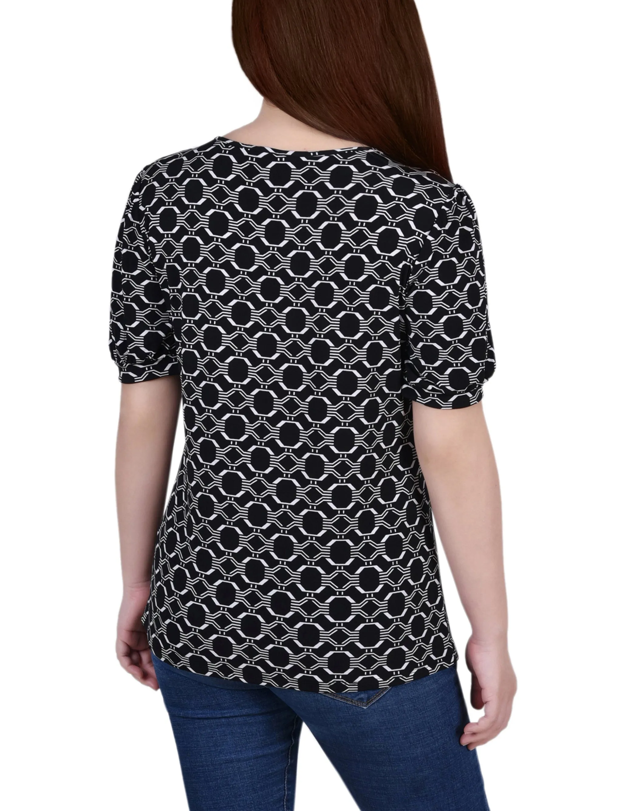 Short Puff Sleeve Sheer Inset Top