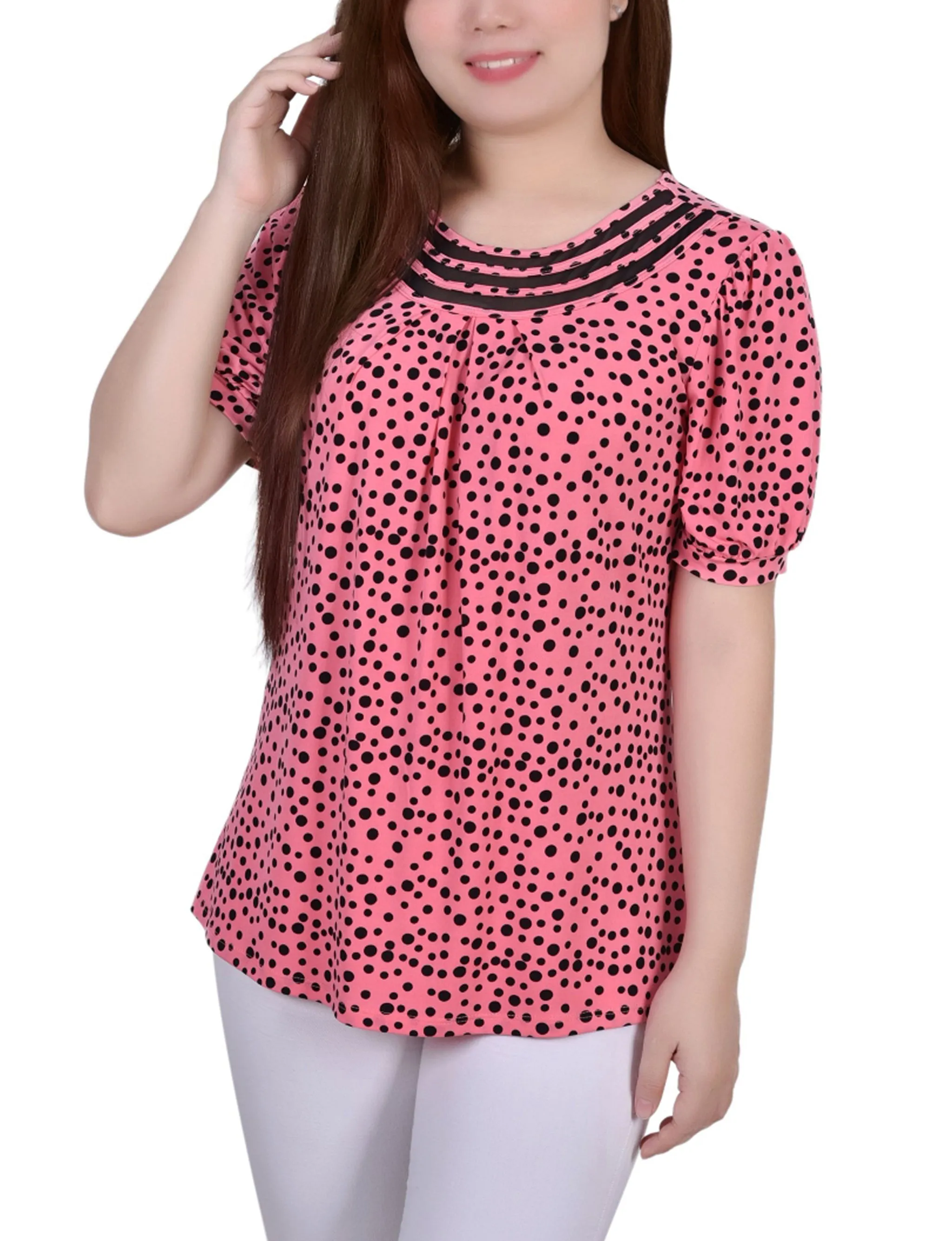 Short Puff Sleeve Sheer Inset Top