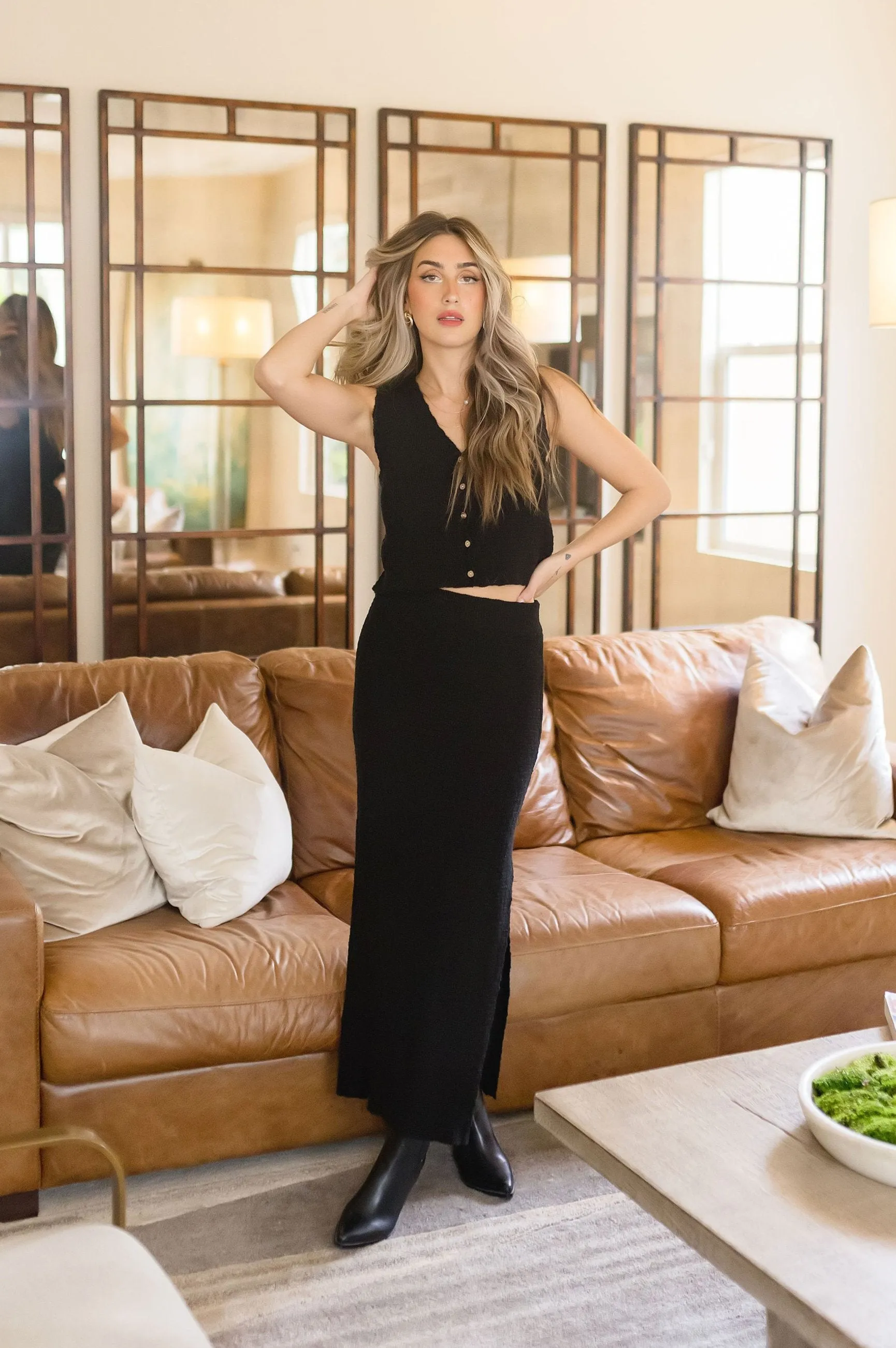 Sia Sleeveless Knit Sweater Vest Top And Midi Skirt Set Black