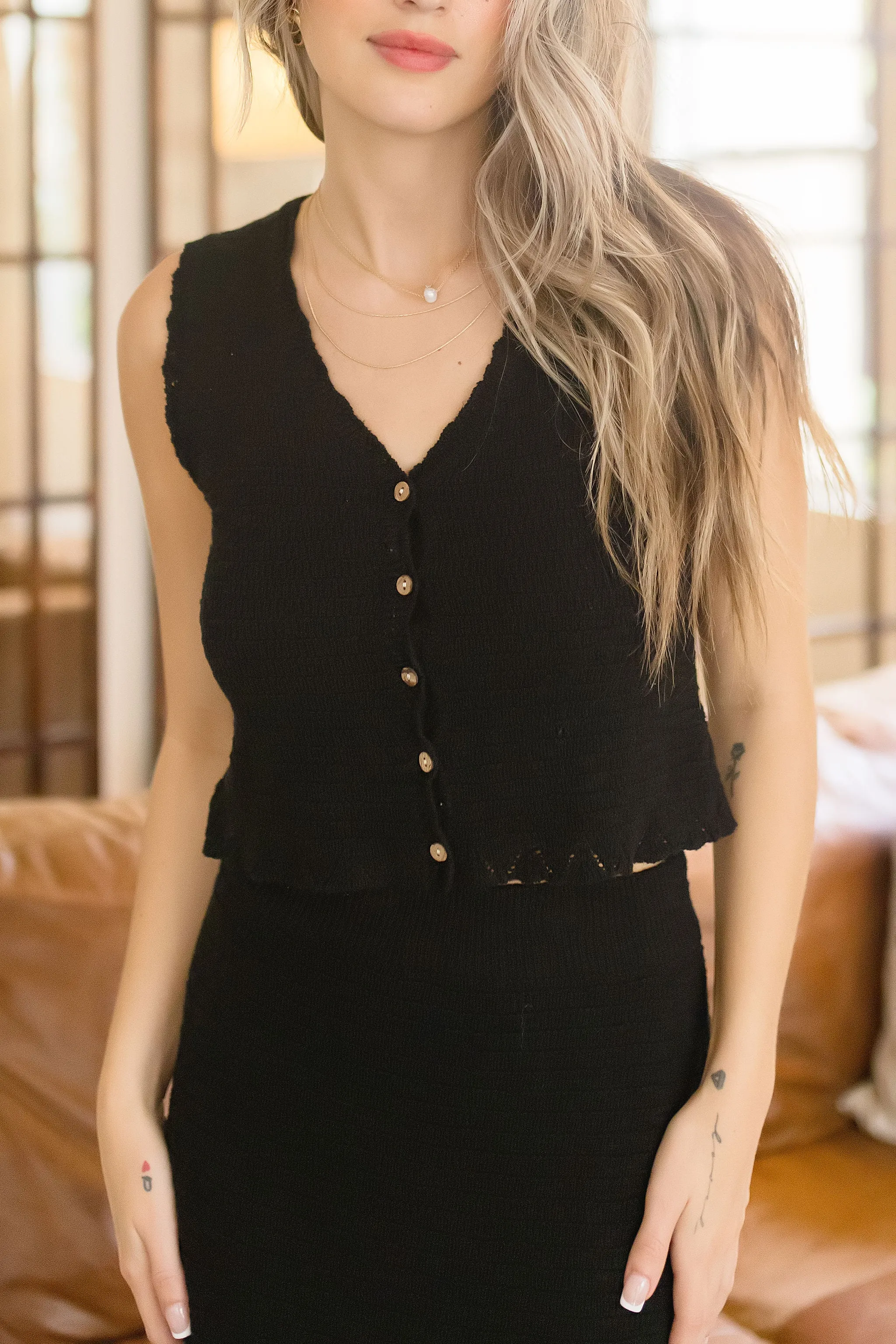 Sia Sleeveless Knit Sweater Vest Top And Midi Skirt Set Black