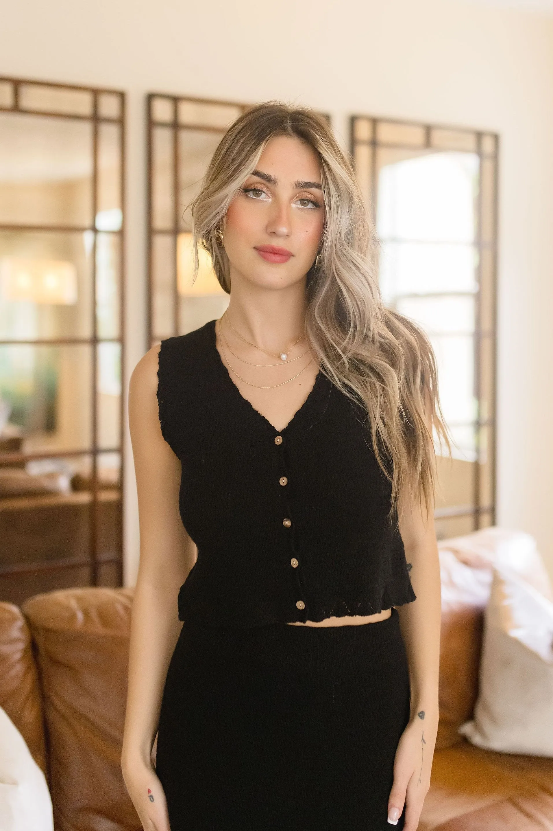 Sia Sleeveless Knit Sweater Vest Top And Midi Skirt Set Black
