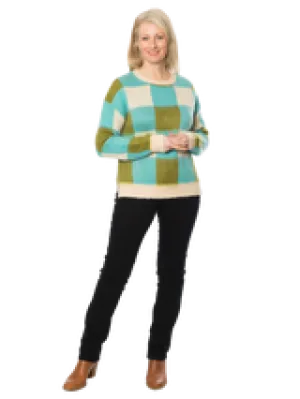 SOFT ROUND NECK CHECK KNIT SWEATER #5843 BLUE