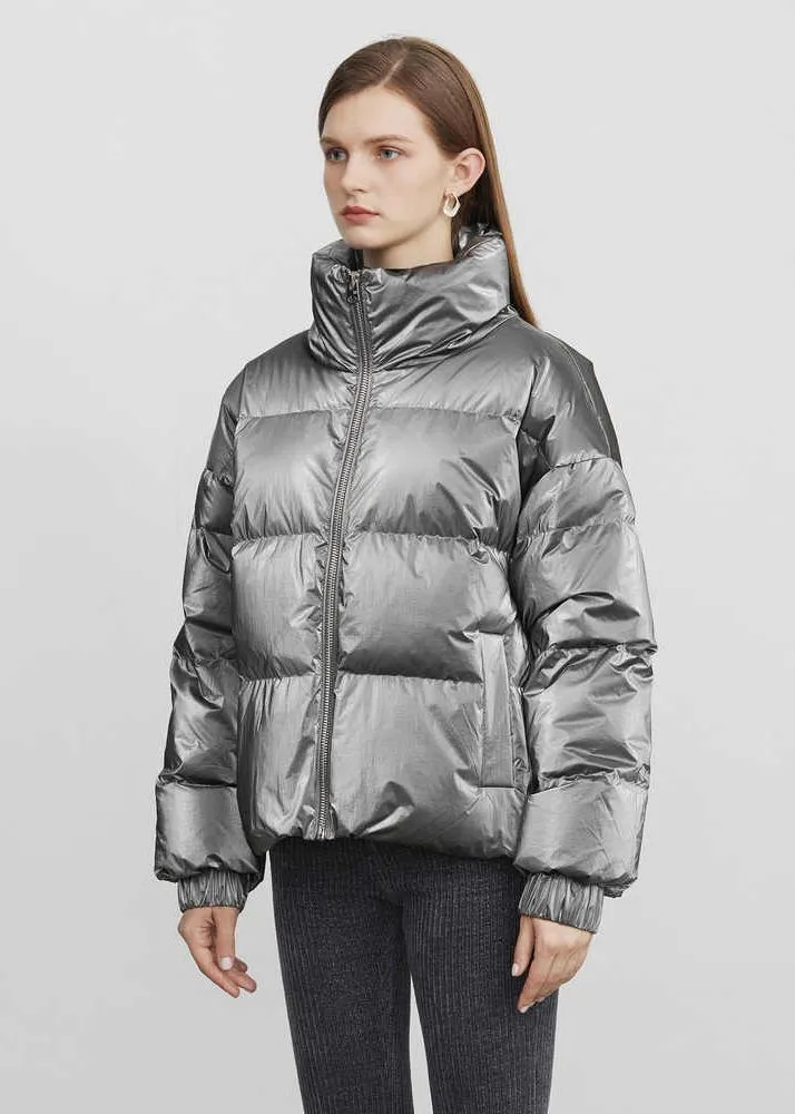 Stand Collar Zip Down Puffer Short Coat