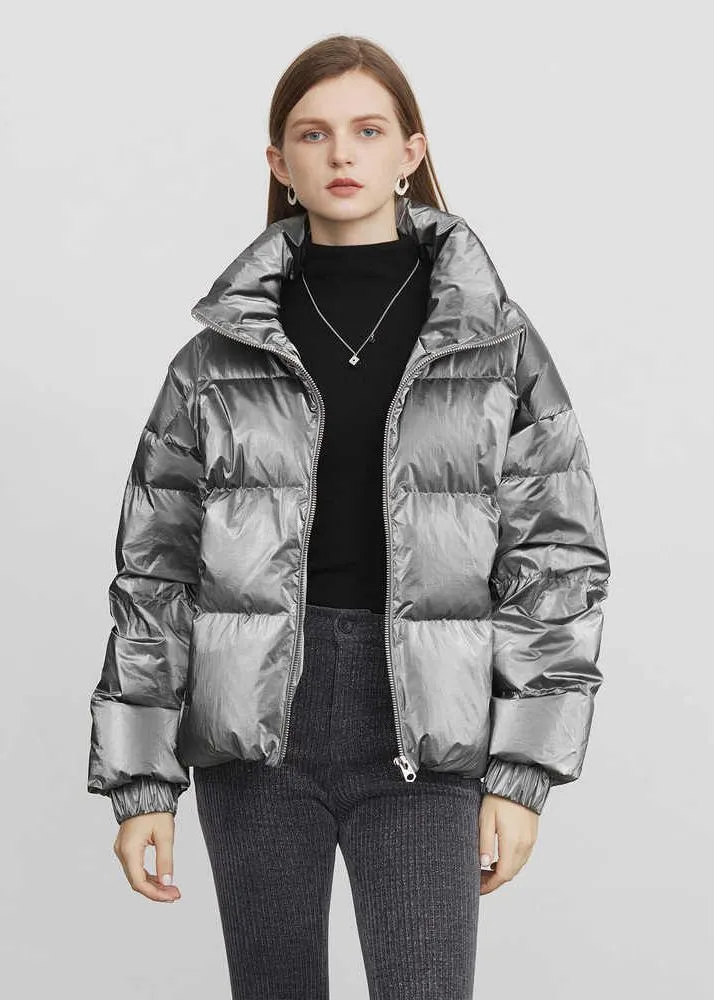 Stand Collar Zip Down Puffer Short Coat