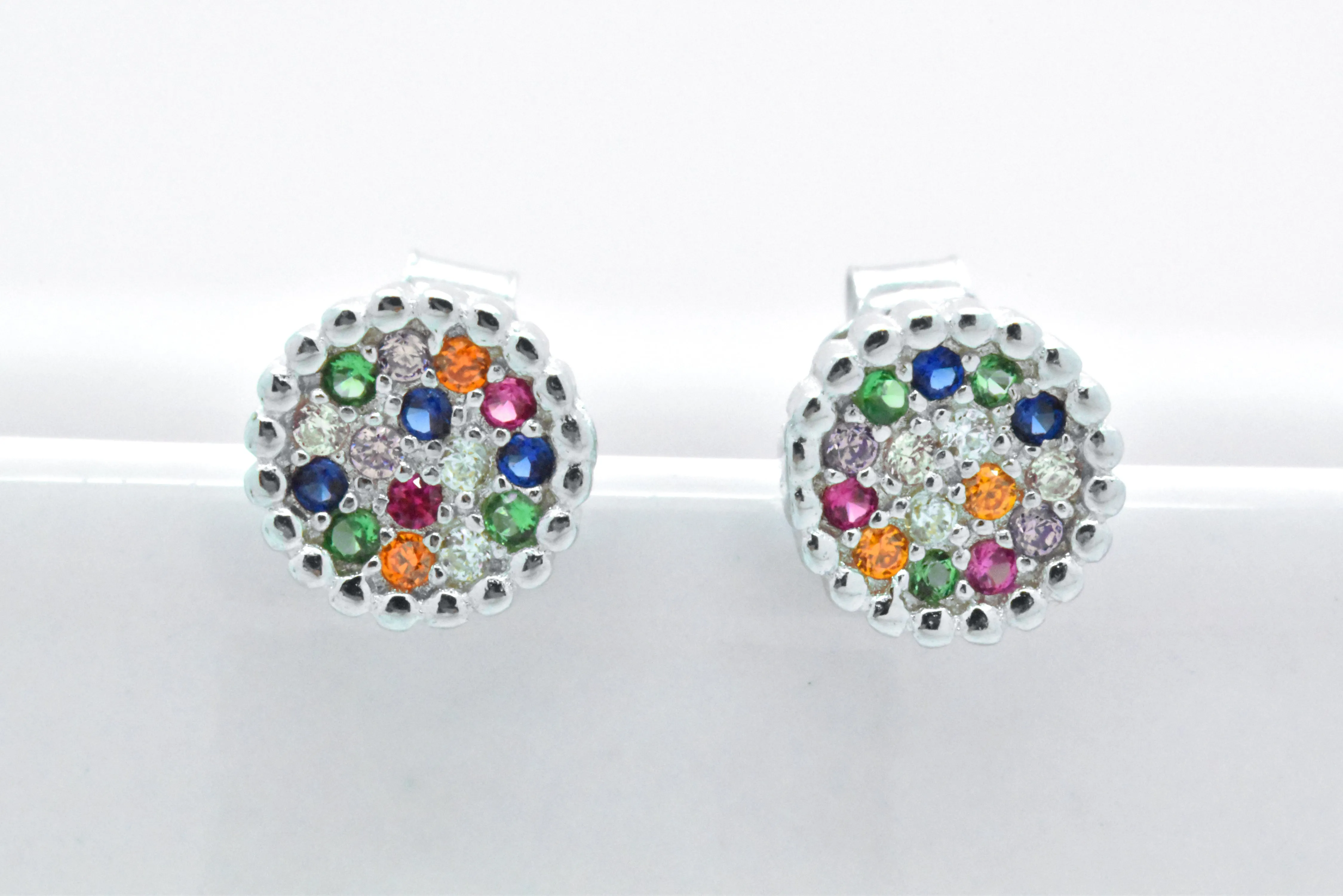 Sterling Silver Rainbow Created Sapphire Round Cluster Stud Earrings