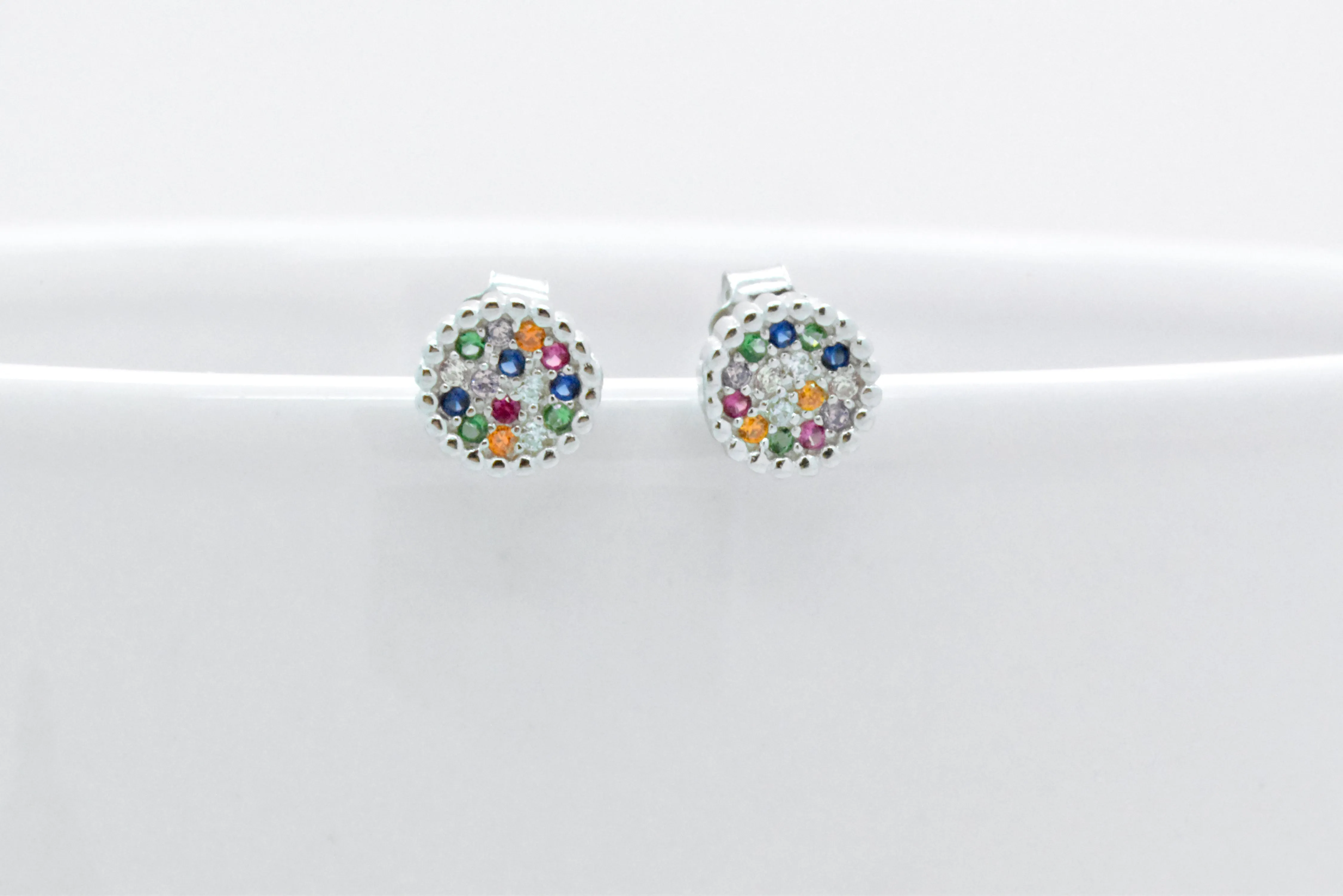 Sterling Silver Rainbow Created Sapphire Round Cluster Stud Earrings