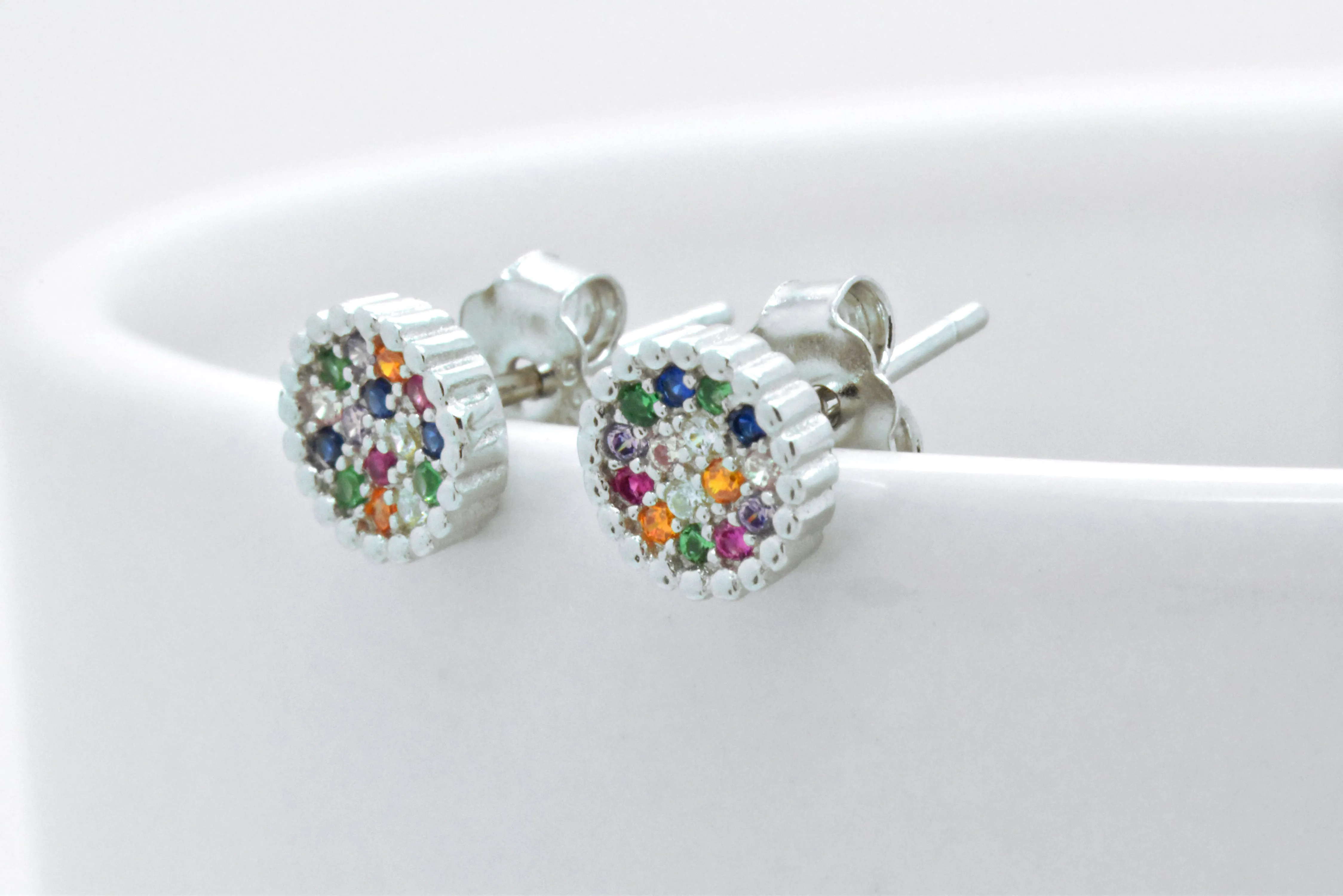 Sterling Silver Rainbow Created Sapphire Round Cluster Stud Earrings