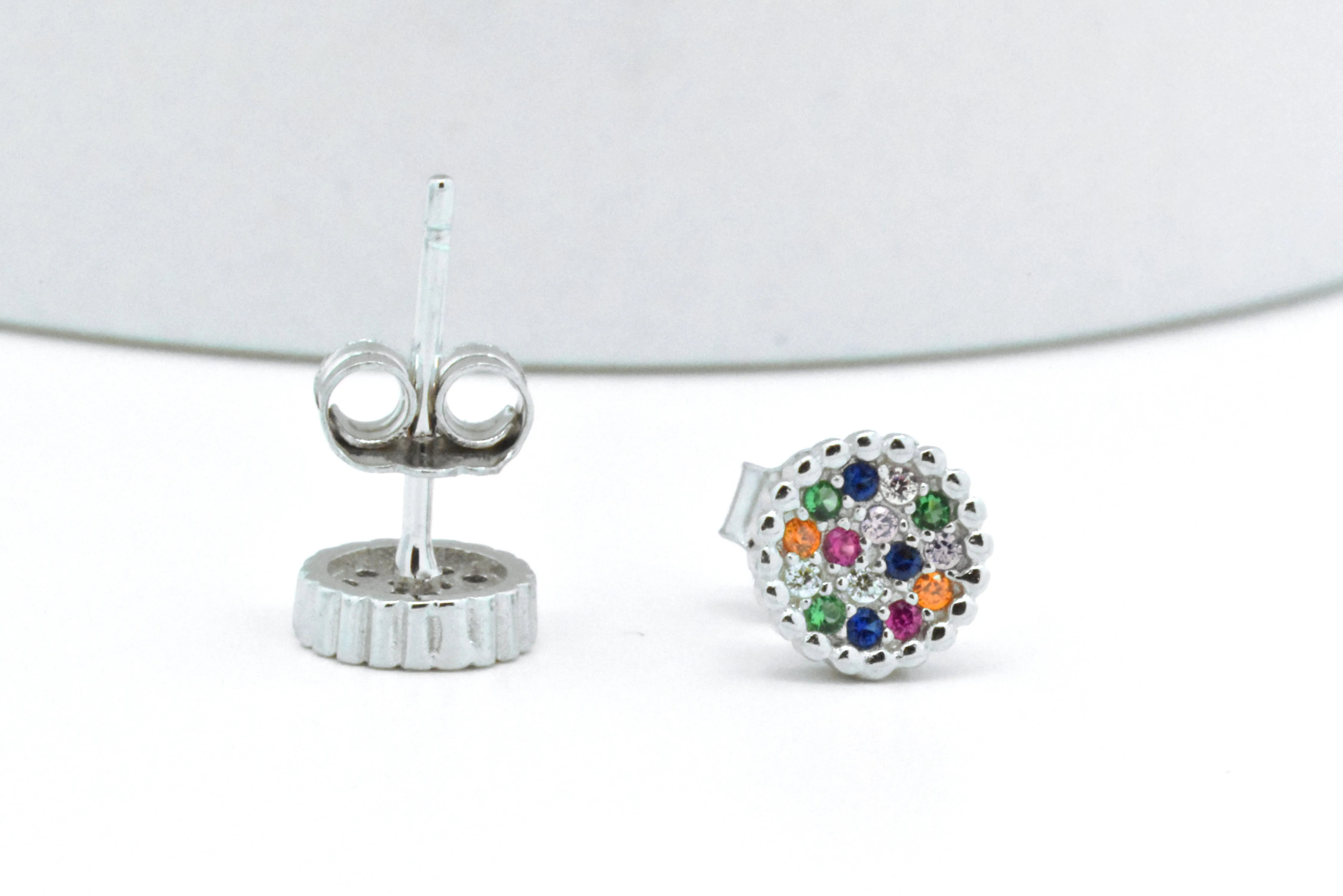 Sterling Silver Rainbow Created Sapphire Round Cluster Stud Earrings