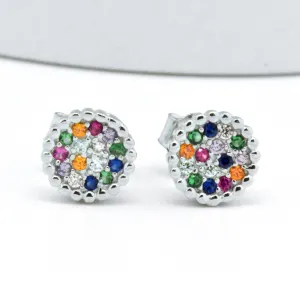 Sterling Silver Rainbow Created Sapphire Round Cluster Stud Earrings