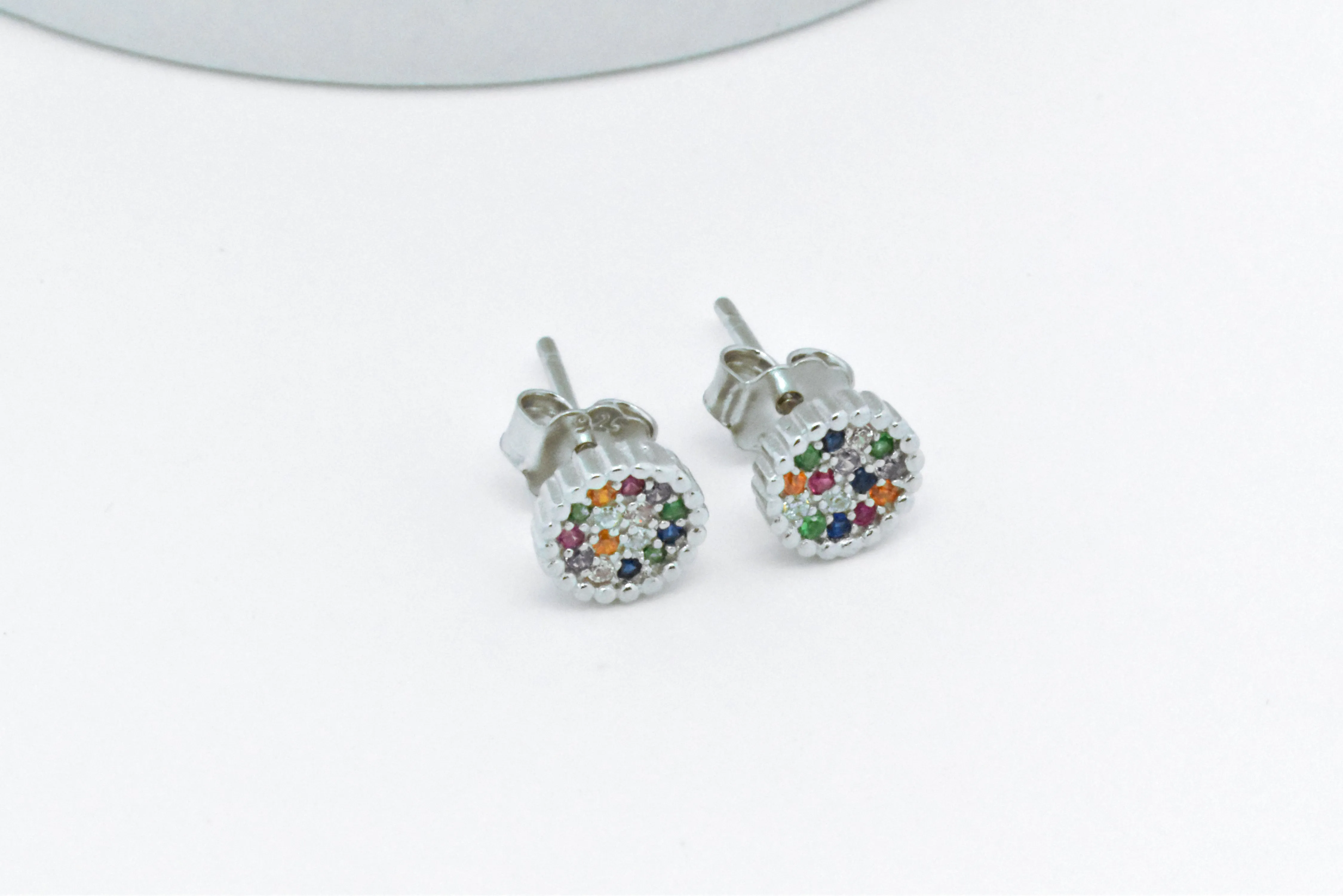 Sterling Silver Rainbow Created Sapphire Round Cluster Stud Earrings