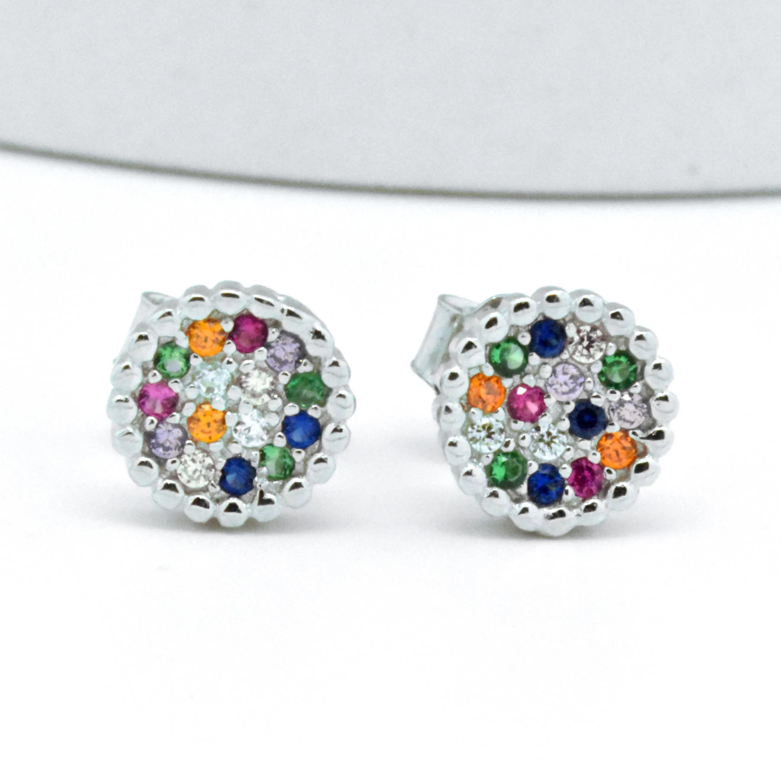 Sterling Silver Rainbow Created Sapphire Round Cluster Stud Earrings