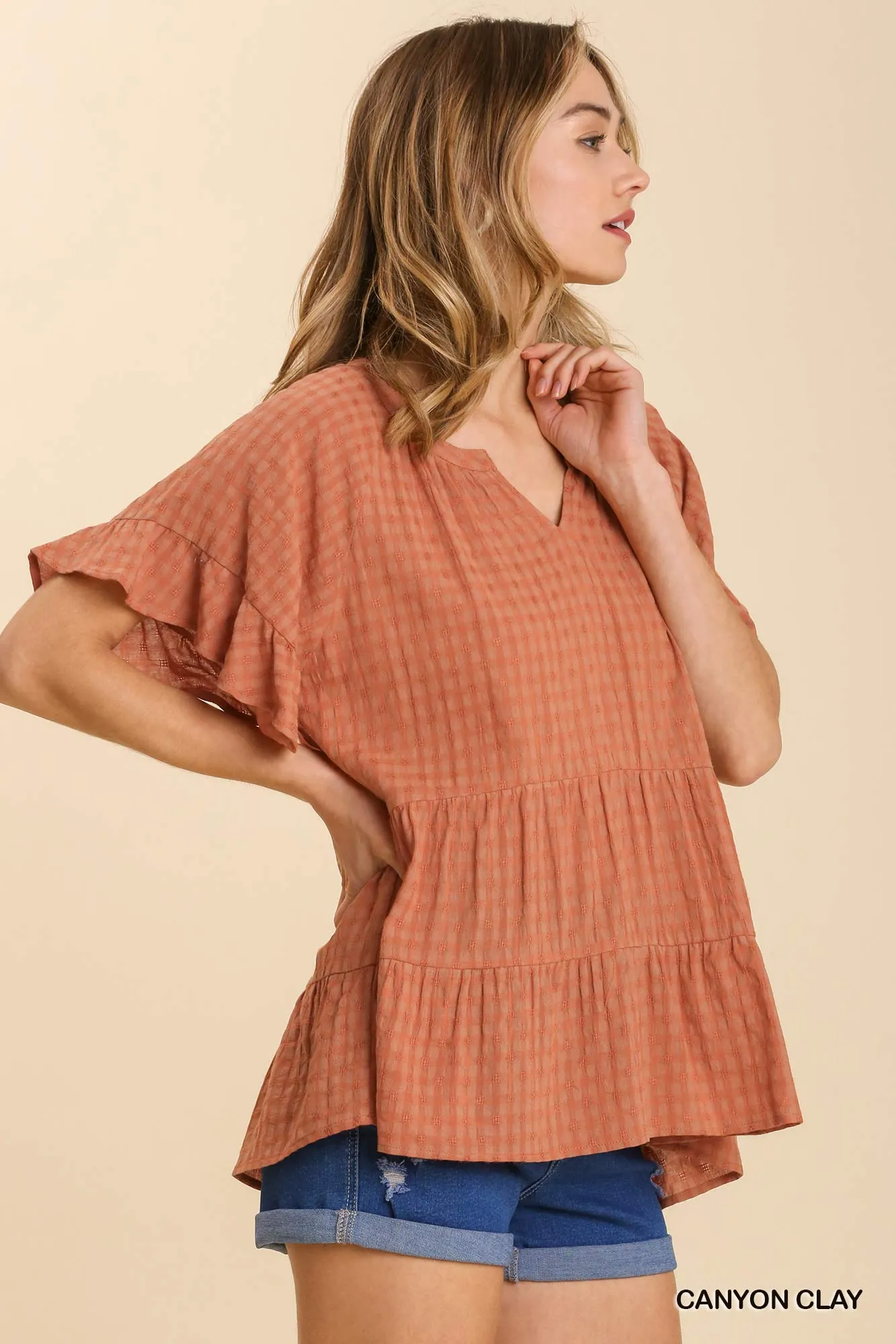Textured Plaid Babydoll Top