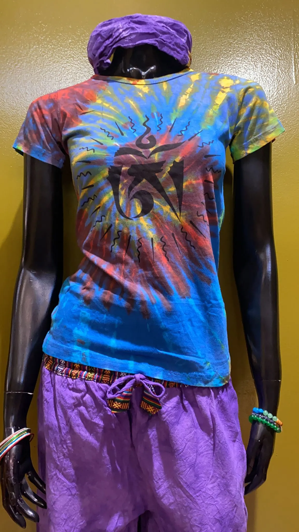 Tibetan Om Symbol Painted Cotton Babydoll Tee Shirt - Tie Dye