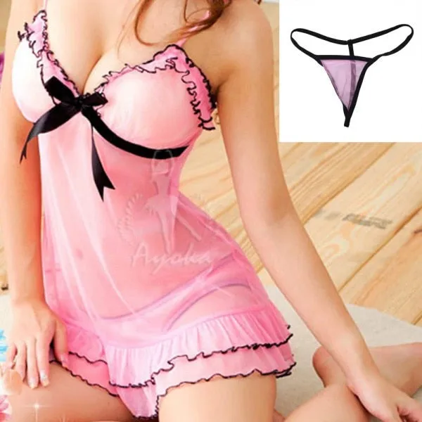 Venus Fox Women Sexy Pajamas Pink Lace Baby Dolls Nightdress With Lingerie Babydoll Set Sleepwear