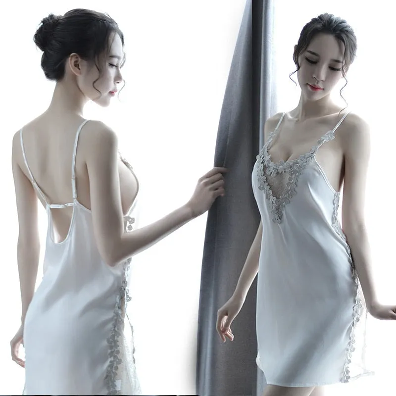 VenusFox Explosive Ladies Sexy Sling Lace Skirt Chest Hollow Nightdress Beauty Mesh High Slit Embroidery Sexy Lingerie