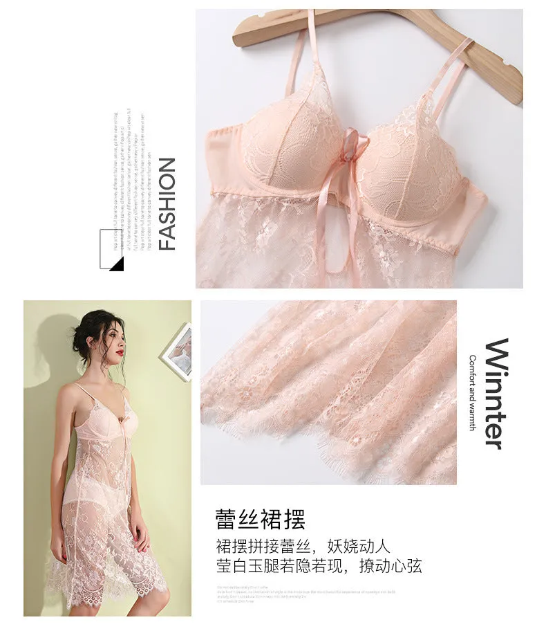 VenusFox Steel Ring Gathered Chest Pad Sexy Lingerie Lace Perspective Sexy Pajamas Night Skirt Temptation Sexy Lingerie