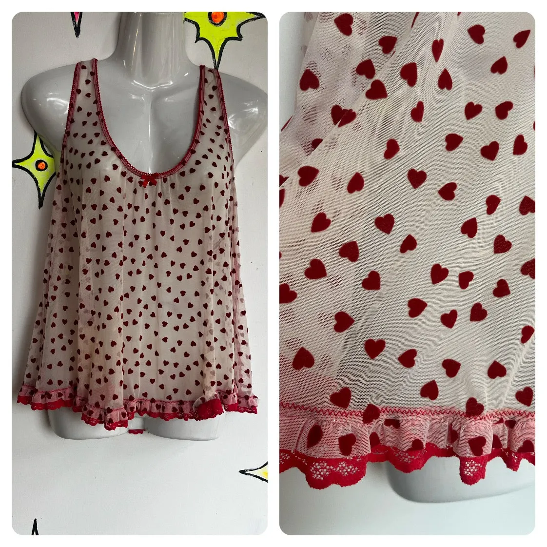 Vintage 80s 90s | Red Hearts Fairy Grunge Babydoll Sheer Lingerie Top | Size M L