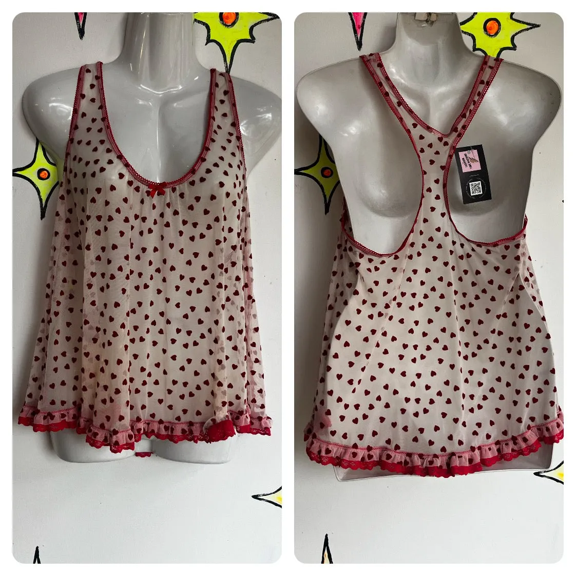 Vintage 80s 90s | Red Hearts Fairy Grunge Babydoll Sheer Lingerie Top | Size M L