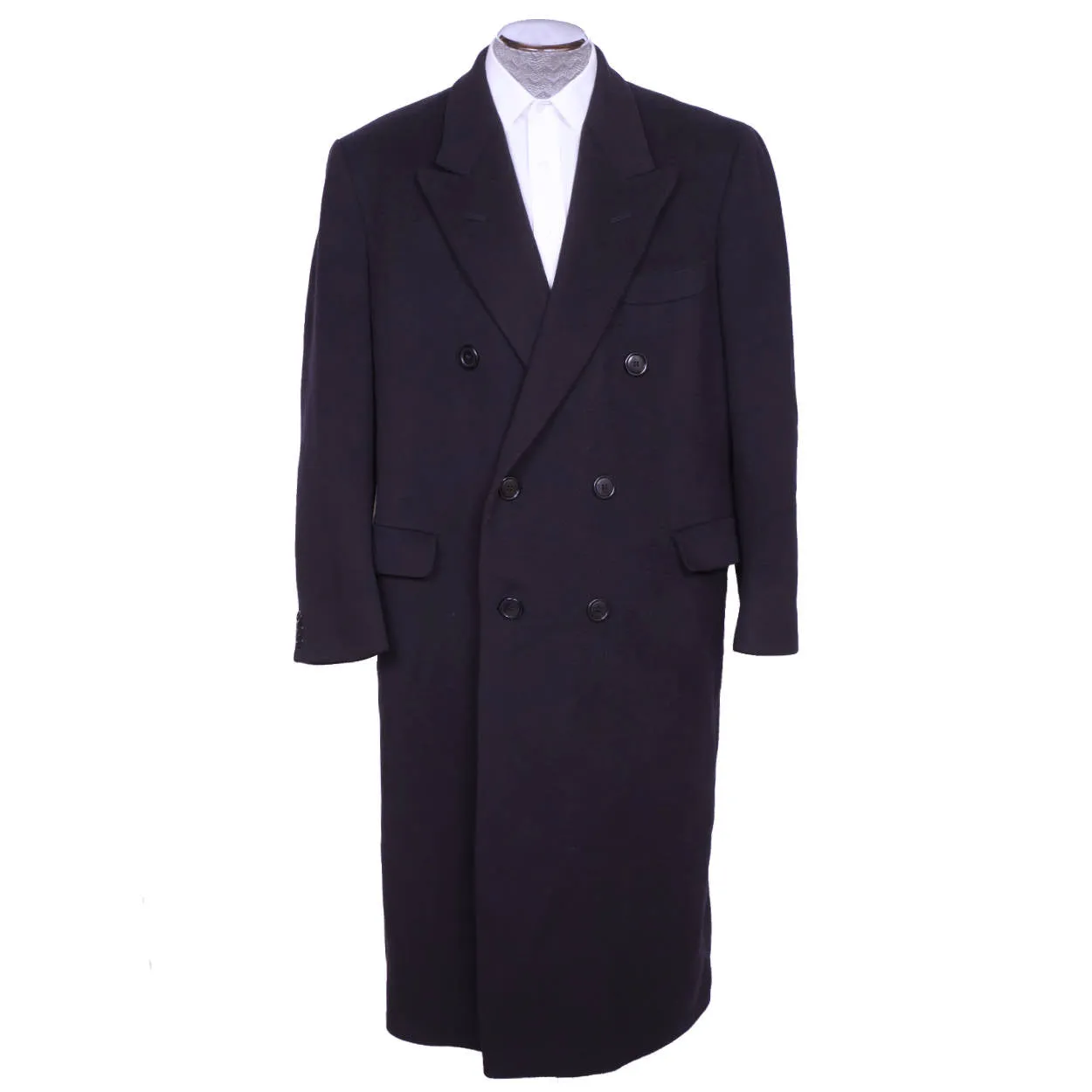 Vintage Mens English Wool & Cashmere Coat Navy Blue Overcoat Topcoat Size L 42