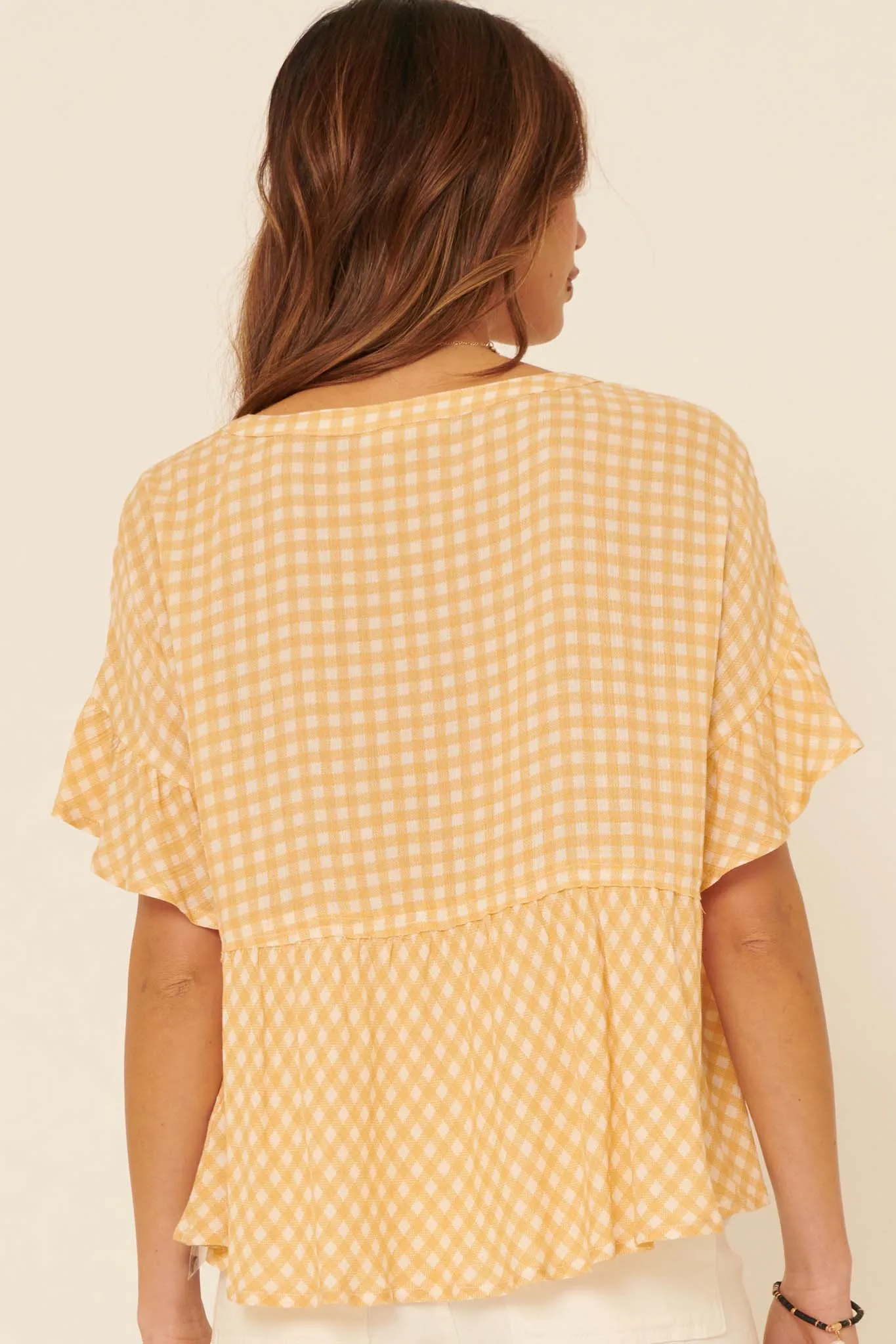 Weekender Ruffled Plaid Henley Babydoll Top