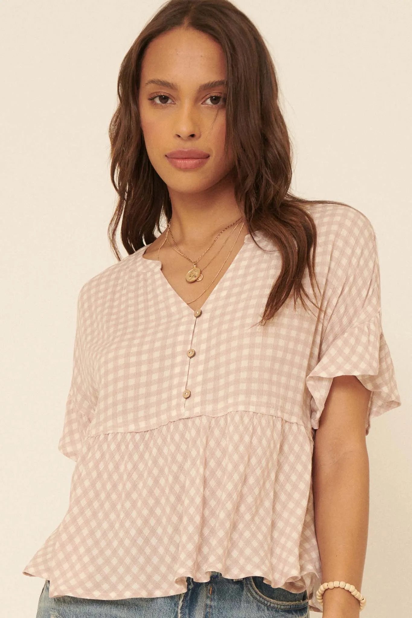 Weekender Ruffled Plaid Henley Babydoll Top