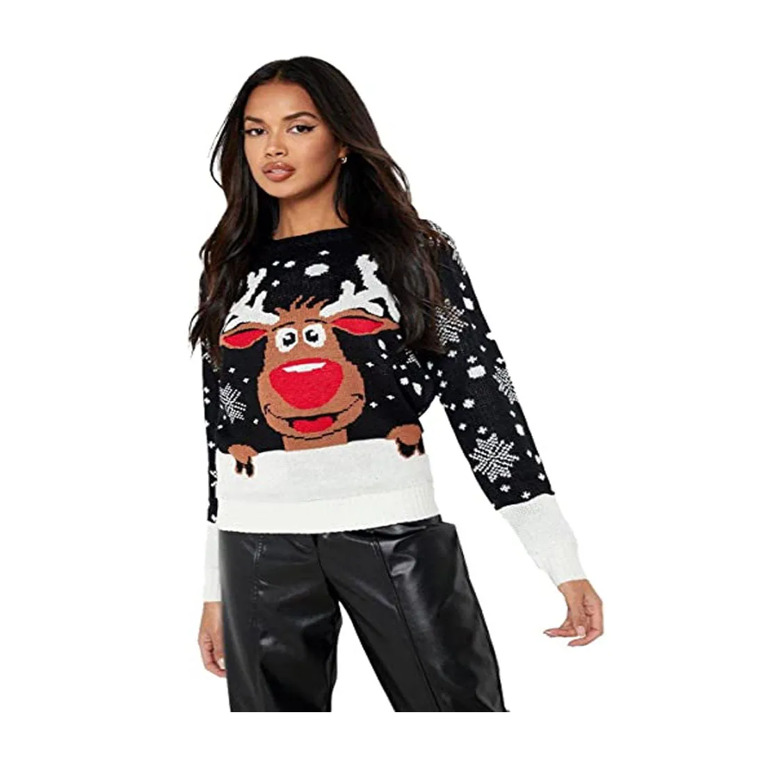 Womens Knitted Bambi Deer printed Xmas Jumper